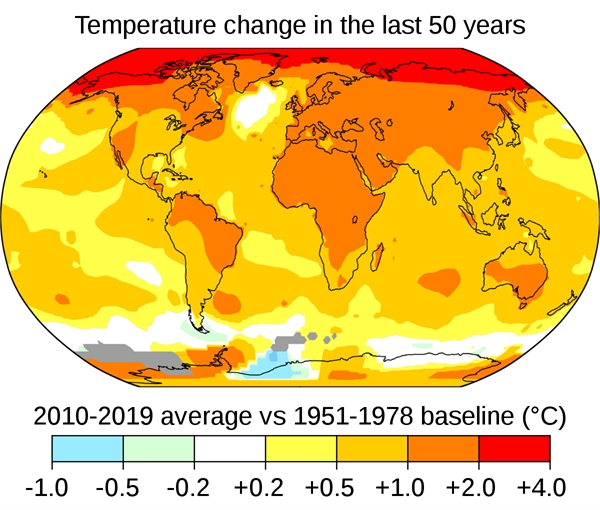 Nhiệt độ trung bình toàn cầu từ năm 2010 đến năm 2019 so với mức trung bình cơ bản từ năm 1951 đến năm 1978. Nguồn ảnh: NASA.