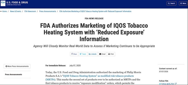 FDA cho phép một sản phẩm thuốc lá làm nóng được công bố thông tin Sản phẩm thuốc lá điều chỉnh nguy cơ. Nguồn: Trang web FDA