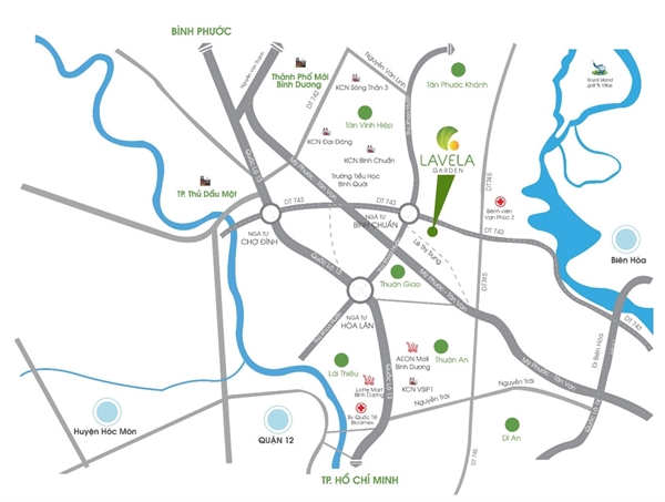 Các hướng kết nối từ khu vực dự án Lavela Garden, Bình Chuẩn, Thành phố Thuận An