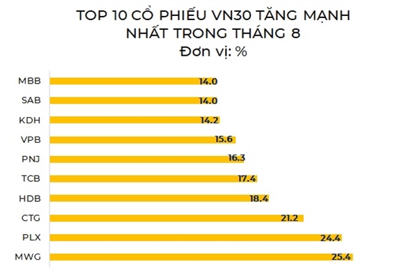 Top 10 cổ phiếu VN30 tăng mạnh nhất trong tháng 8. Nguồn: NCĐT tổng hợp. 