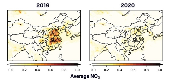 Nồng độ NO2 trung bình hiển thị theo đơn vị Dobson tại Trung Quốc từ ngày 23.1 – 13.2.2019 cao hơn so với năm 2020. Vũ Hán được khoanh tròn. Nguồn ảnh: Science.