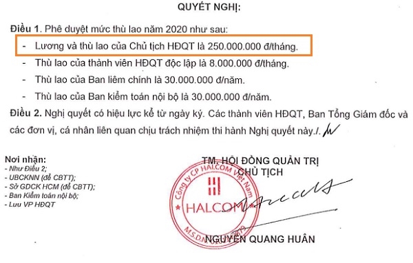 Mức lương và thù lao của Chủ tịch Halcom là 250 triệu đồng/tháng. Nguồn: Halcom. 