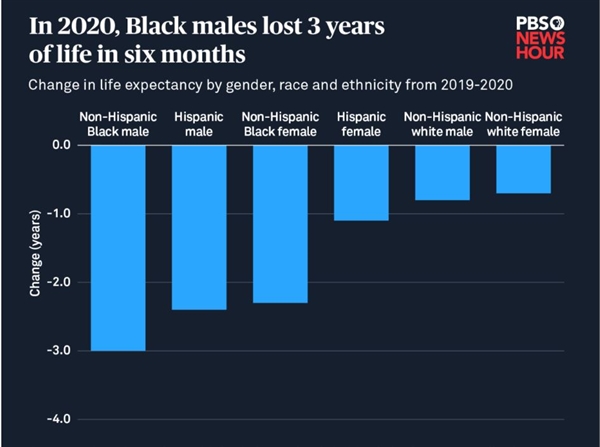 Đàn ông da đen mất 3 năm tuổi thọ trong vòng 6 tháng đầu năm 2020. Ảnh: Trung tâm Thống kê Y tế Quốc gia Mỹ.