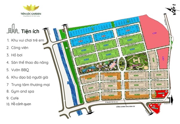 Bố trí khu dân cư và tổ hợp tiện ích của dự án Tiến Lộc Garden.