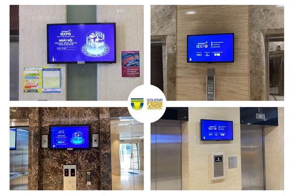 Hình ảnh của Internet Expo 2021 trên hệ thống màn hình LCD của Goldsun Media Group tại các tòa nhà.