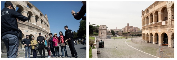 Ảnh trái: Du khách Trung Quốc trước Đấu trường La Mã năm 2016. Ảnh phải: Đấu trường La Mã hoang vắng vào tháng 3/2020. Ảnh: The New York Times.