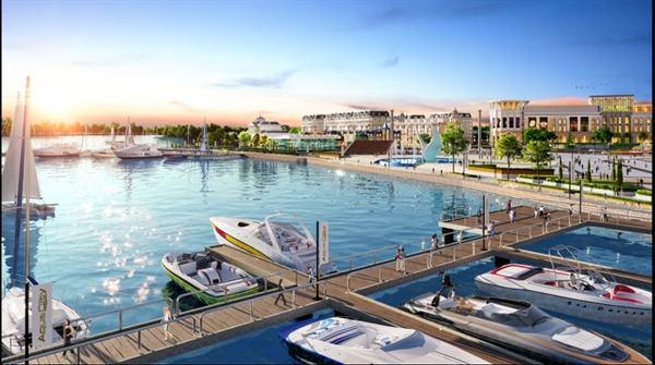 Phối cảnh tổ hợp quảng trường bến du thuyền Aqua Marina tại đô thị sinh thái thông minh Aqua City
