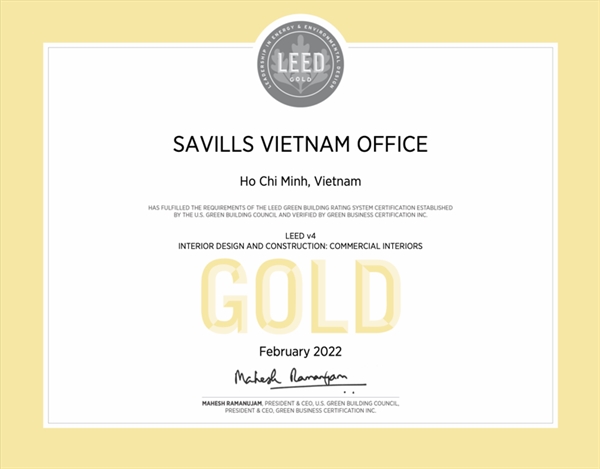 Chứng nhận LEED Gold là minh chứng cho những nỗ lực bền bỉ của Savills trong việc định hướng doanh nghiệp phát triển bền vững bằng những cam kết về Môi trường, Xã hội và Quản trị Doanh Nghiệp.