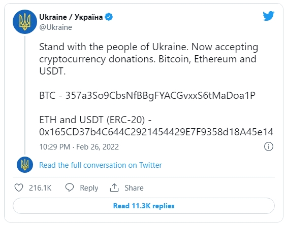 Twitter của chính phủ Ukraine kêu gọi quyên góp hỗ trợ bằng tiền điện tử.