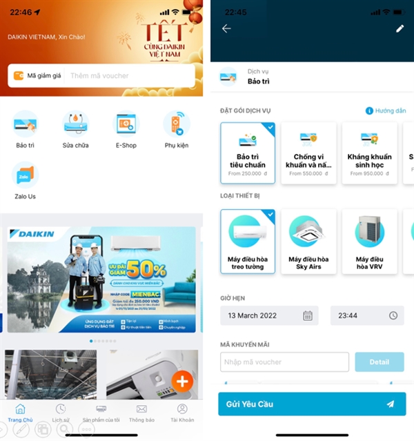 Giao diện màn hình điện thoại khi khách hàng sử dụng ứng dụng Daikin Vietnam.  Ảnh: Chụp từ màn hình