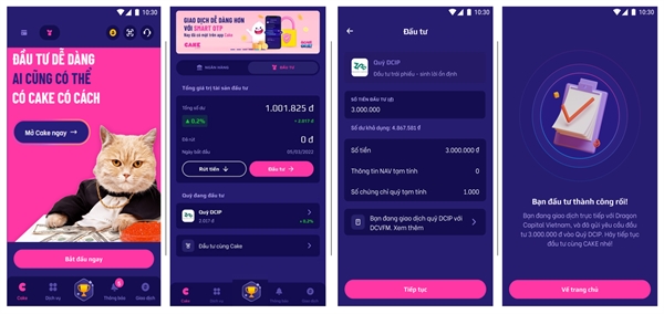 Investment feature interface on Cake by VPBank.