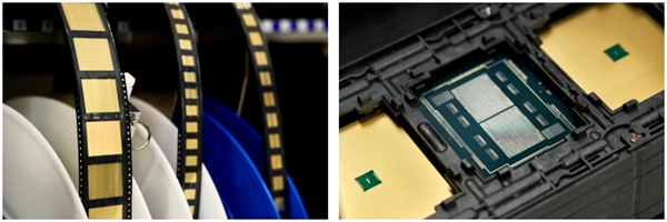 Các chip riêng lẻ được lưu trữ trên băng và cuộn trước khi đóng gói.  Các chip sẽ được gắn vào một chất nền đóng gói.