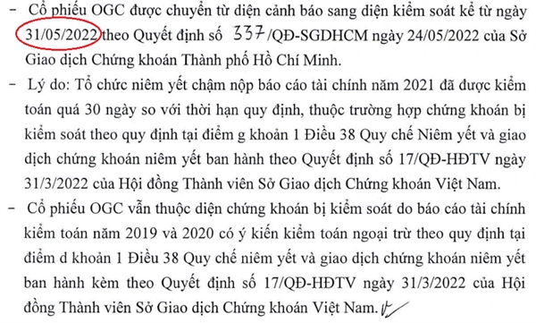 Cổ phiếu OGC vào diện kiểm soát từ ngày 31/5 sắp tới. 