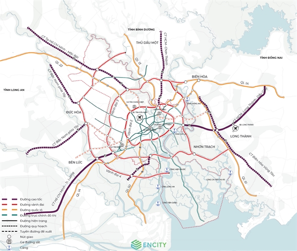 Bản đồ mạng lưới giao thông và liên kết vùng với 2 trục tăng trưởng đô thị và 3 vành đai sản xuất, đưa TP. HCM thành nơi hội tụ và lan tỏa các xung lực phát triển (Nguồn: enCity)