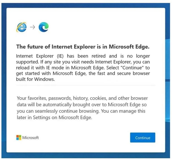 Dòng thông báo của Microsoft về việc ngừng hỗ trợ trình duyệt Internet Explorer.