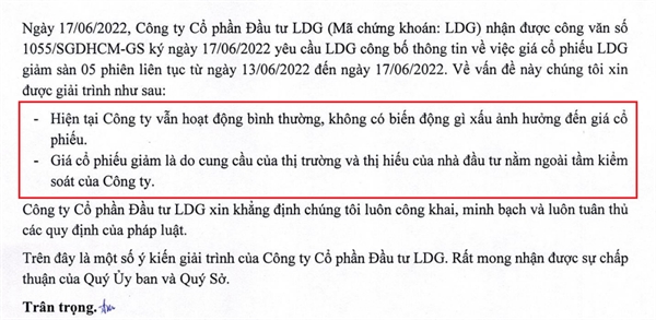 Ban lãnh đạo LDG giải trình khi cổ phiếu liên tục giảm sàn. 