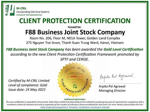 F88 - Vietnam's only microfinance institution to receive a gold certificate for customer protection.
