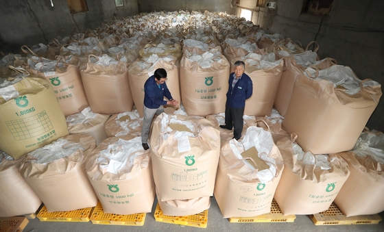 Những bao gạo không bán được do giá giảm được chất thành đống tại Nonghyup ở Pohang, Bắc Gyeongsang. Theo nhà bán lẻ này, khoảng 5.300 tấn gạo mua vào năm ngoái đã không bán được do giá gạo giảm mạnh. [YONHAP]