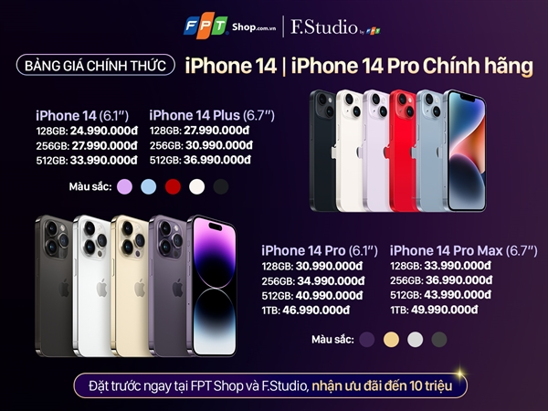 iPhone 14 Series chính hãng sẽ lên kệ FPT Shop và F.Studio by FPT vào khuya ngày 13/10. Bạn có thể đặt trước sản phẩm ngay hôm nay để trở thành chủ sở hữu sản phẩm sớm nhất cũng như nhận nhiều ưu đãi nhất. 