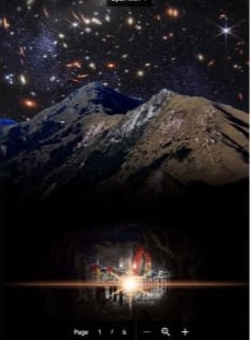 Bức ảnh chụp lại quá trình ngọn núi Cận Bình che chắn phòng thí nghiệm JUNA khỏi bức xạ vũ trụ. Superimposed là một quả cầu lửa cách điệu của một vụ va chạm hạt nhân. Bức hình Dải ngân hà với những ngôi sao cổ trên bầu trời đêm được chụp bởi Kính thiên văn Không gian James Webb. Ảnh: JianJun He.