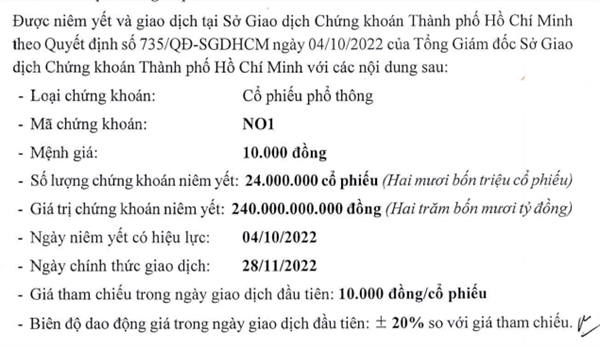 Ngày 28/11 là ngày giao dịch đầu tiên của cổ phiếu NO1 ở sàn HOSE.