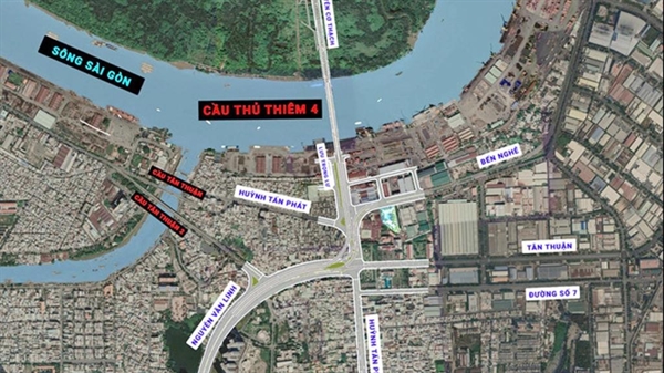 Dự án cầu Thủ Thiêm 4 có vị trí cách cầu Thủ Thiêm 3 khoảng 1,1 km theo đường sông về phía hạ lưu, giao cắt với cảng Tân Thuận thuộc cảng Sài Gòn (Ảnh: Sở Giao thông Vận tải TPHCM).