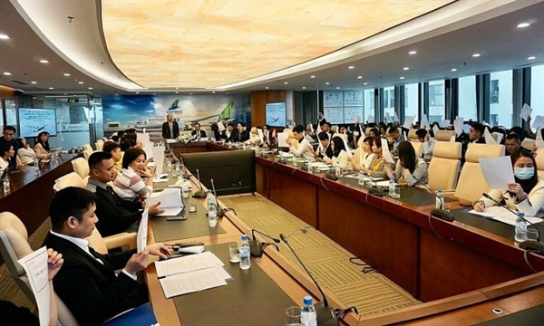 The extraordinary shareholder meeting at Bamboo Airways headquarters in Hanoi on April 10. Photo by VnExpress/Anh Tu.