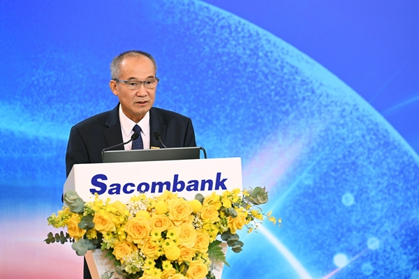 Mr. Duong Cong Minh, Chairman of Sacombank's Board of Directors is seen at the AGM.