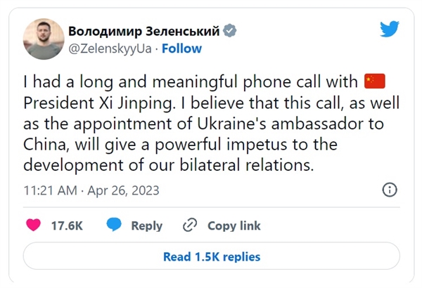 Tổng thống Ukraine tweet về cuộc gọi với Chủ tịch Tập.
