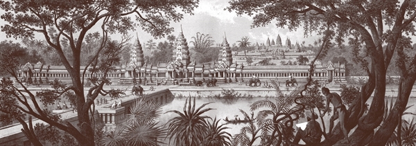 Hàng cột ở cổng vào phía tây và toàn cảnh đền Angkor Wat (L. Delaporte)