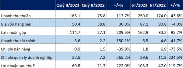 Các chỉ tiêu kinh doanh của Công ty trong quý II/2023 và nửa đầu năm 2023 (Đơn vị: Tỉ đồng). Nguồn: SZG, NCĐT
