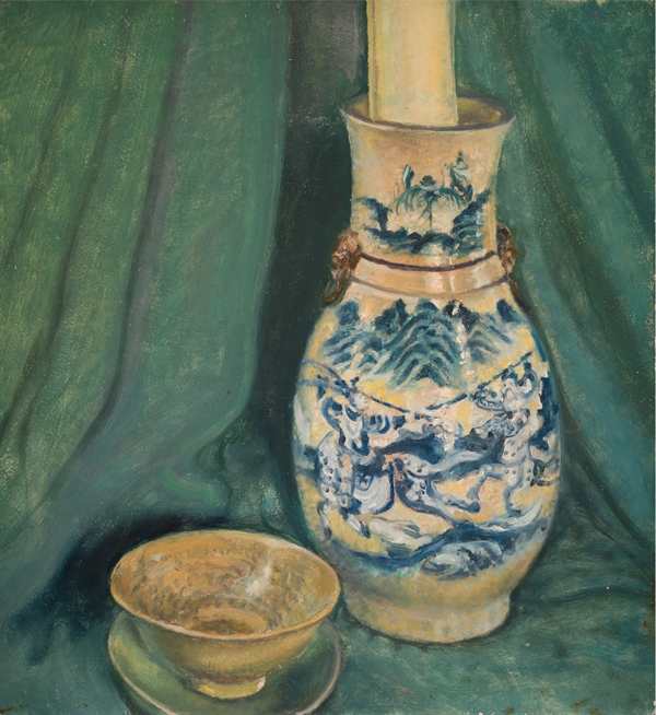 Tích Xưa Men Cũ, sơn dầu trên vóc sơn ta, 55,5 x 55,5 cm, 1975. Đã bày trong triển lãm cá nhân tại Hà Nội – tháng 4/1988.