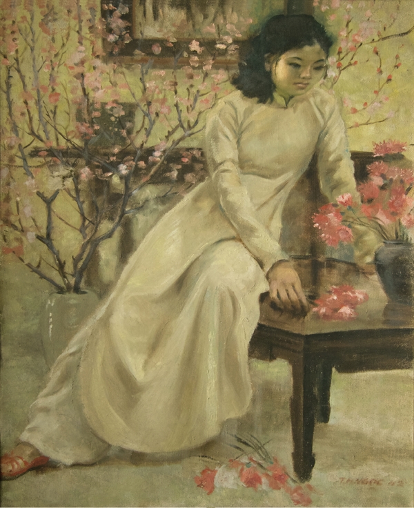 Thiếu Nữ Bên Hoa Tết, sơn dầu trên toan căng khung, 100 x 80 cm, 1962.