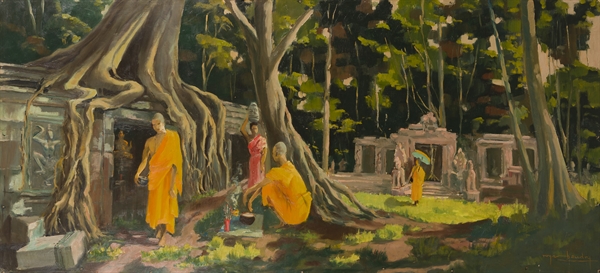 Roger Baudry, Bonzes dans les ruines du Bayon Oil on pane, circa 1940s, 75 x 170 cm