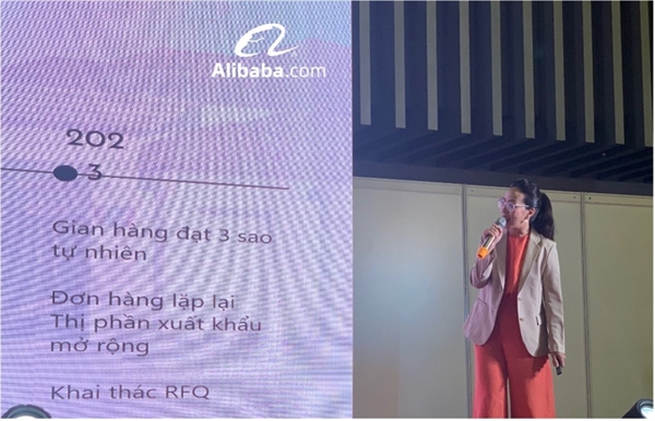 Đại diện doanh nghiệp SME Nguyên Phong Metal chia sẻ các kiến thức và kinh nghiệm tại hội thảo của Alibaba.com  trong khuôn khổ VIFA ASEAN 2023.