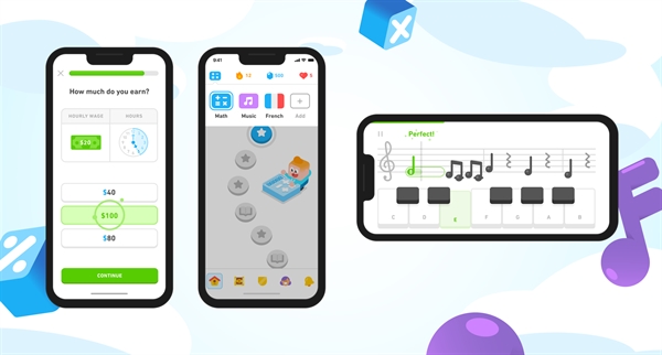 Minh họa giao diện hai khóa học Toán và Âm nhạc trên ứng dụng Duolingo