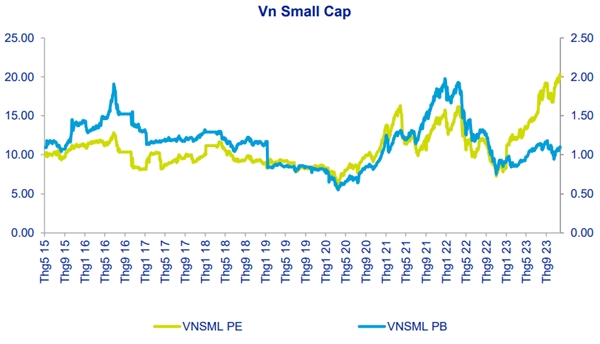 Định giá của nhóm cổ phiếu vốn hóa nhỏ (small-cap) theo P/E thì đạt cao nhất kể từ năm 2015 (Theo ACBS). 