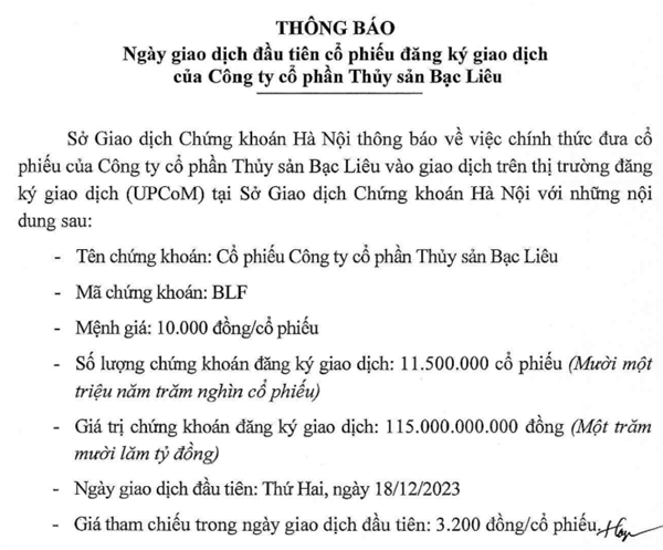 11,5 trieu co phieu cua mot cong ty thuy san sap len san UPCoM