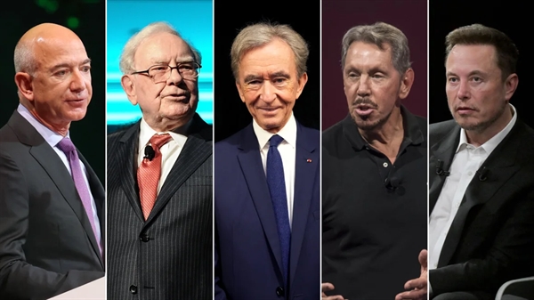 5 tỉ phú giàu nhất thế giới: Tỉ phú Jeff Bezos, Warren Buffett, Bernard Arnault, Larry Ellison và Elon Musk
