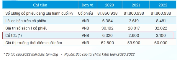 Tỉ lệ chi trả cổ tức của Nhựa Bình Minh giai đoạn 2020-2022. 
