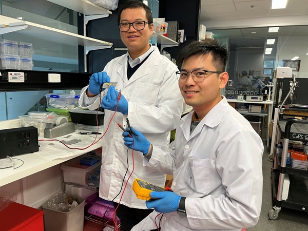 TS Trương Vĩ Khánh (trái) cùng nghiên cứu sinh Nguyễn Tiến Thành tại phòng thí nghiệm của Đại học Flinders (Australia). Ảnh: NVCC