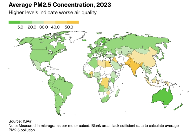 Nồng độ PM2.5 trung bình vào năm 2023. Mức độ cao hơn cho thấy chất lượng không khí kém hơn. Ảnh: IQAir.