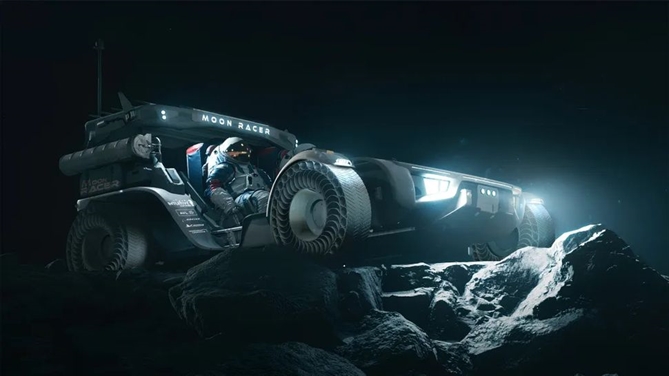 Một ý tưởng về chiếc xe tự hành Moon Racer của Intuitive Machines lái xe trên bề mặt mặt trăng cùng với các phi hành gia trên tàu.