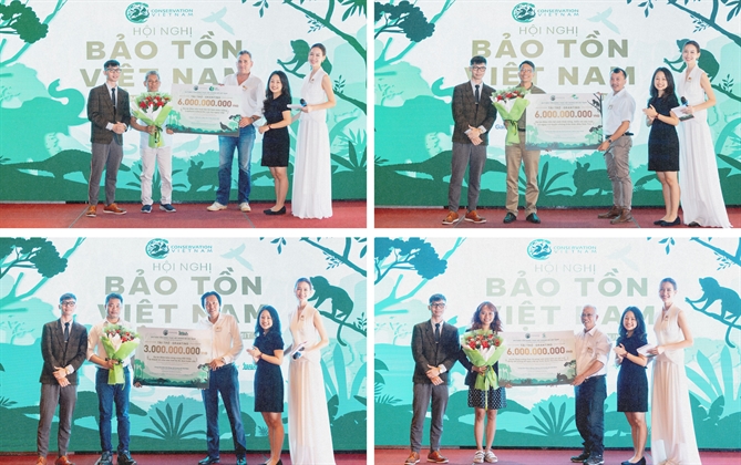 Hoa hậu Liên lục địa 2022 Lê Nguyễn Bảo Ngọc (ngoài cùng bên phải) là người giới thiệu trong tiết mục vinh danh các dự án bảo tồn đã được Quỹ Bảo tồn cấp chi tài trợ. Ảnh: Conservation Vietnam