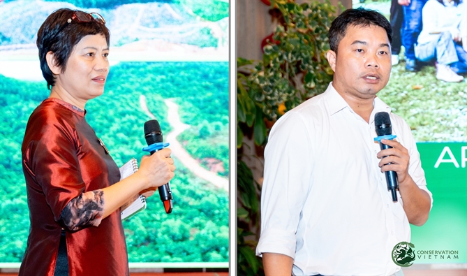 Bà Phạm Tuấn Anh và Ông Nguyễn Văn Thái trong phần diễn thuyết tại Hội nghị.  Ảnh: Conservation Vietnam
