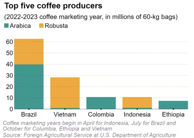 Top 5 nước sản xuất cà phê trên thế giới. Ảnh: Nikkei Asia.