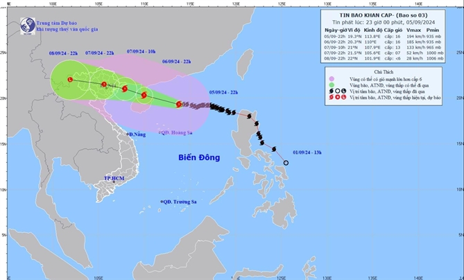 Lúc 23 giờ ngày 05/9, vị trí tâm siêu bão ở vào khoảng 19,3 độ Vĩ Bắc; 113,8 độ Kinh Đông, trên vùng biển phía Bắc khu vực Bắc Biển Đông