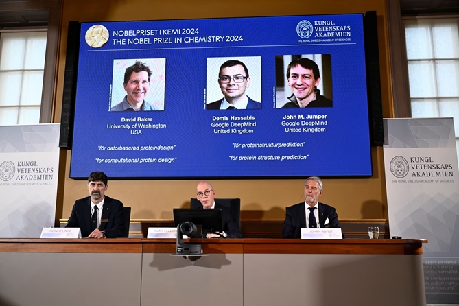 Ba nhà khoa học David Baker (Mỹ), John Jumper và Demis Hassabis (Anh) được vinh danh Nobel Hóa học 2024. Ảnh: Reuters.