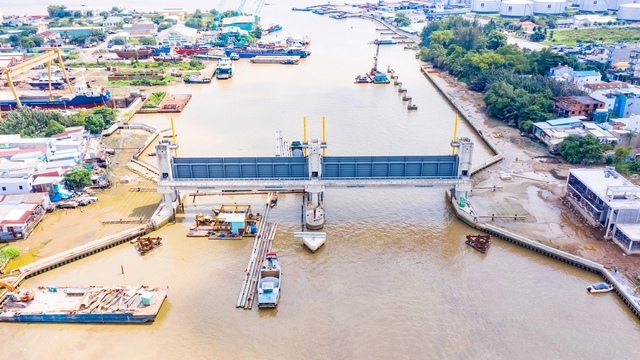 An aerial view of a tidal surge barrier which is a component of the VND10-trillion flood control project in HCMC – PHOTO: VGP