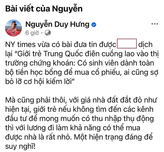 Ảnh chụp màn hình từ Facebook của Chủ tịch Hội đồng Quản trị SSI (Đã che một số thông tin). 